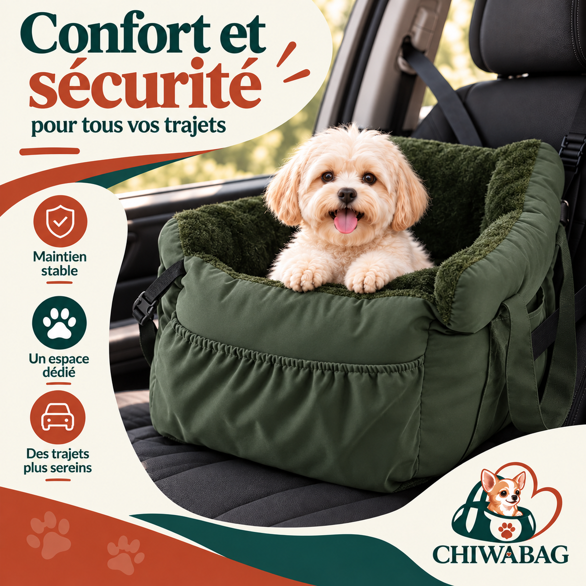 Un siège auto pour petit chien, doux comme un nid