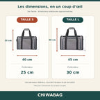 Dimensions du sac fermé : S 40 × 25 × 25 cm et L 45 × 30 × 30 cm