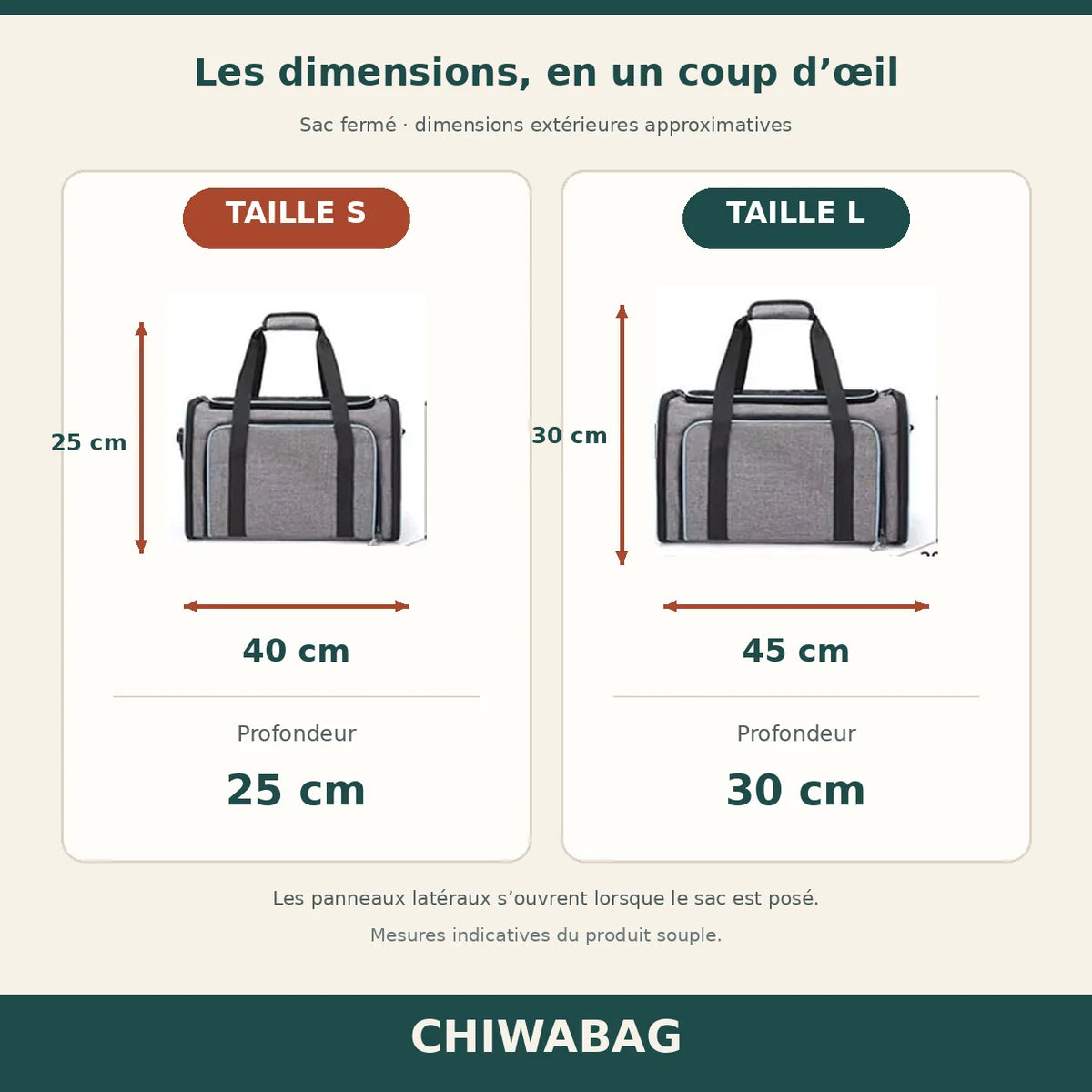 Dimensions du sac fermé : S 40 × 25 × 25 cm et L 45 × 30 × 30 cm