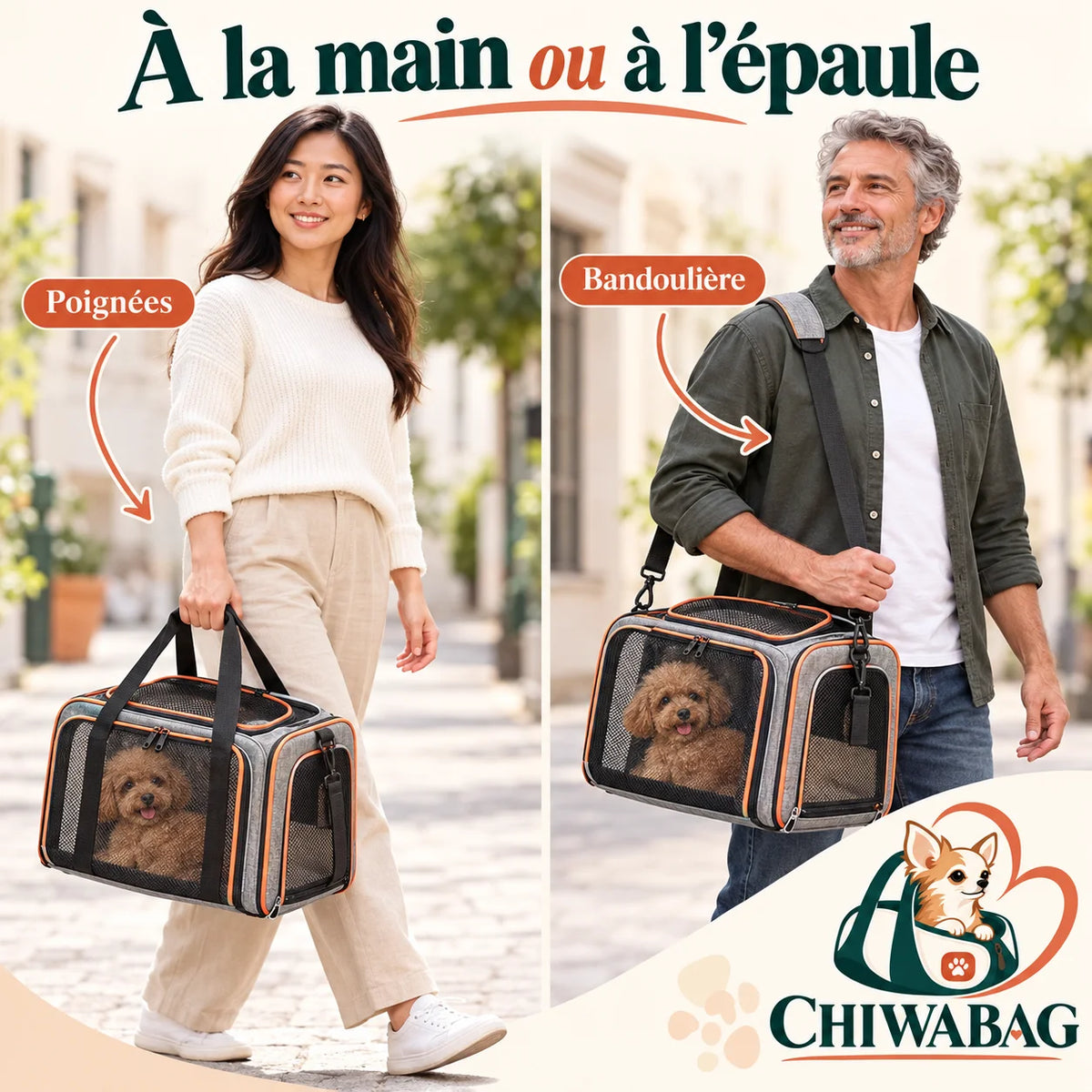 Deux façons de porter le sac de transport CHIWABAG : à la main ou à l’épaule