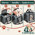 Ouverture du sac, installation du chien et visibilité à travers la maille