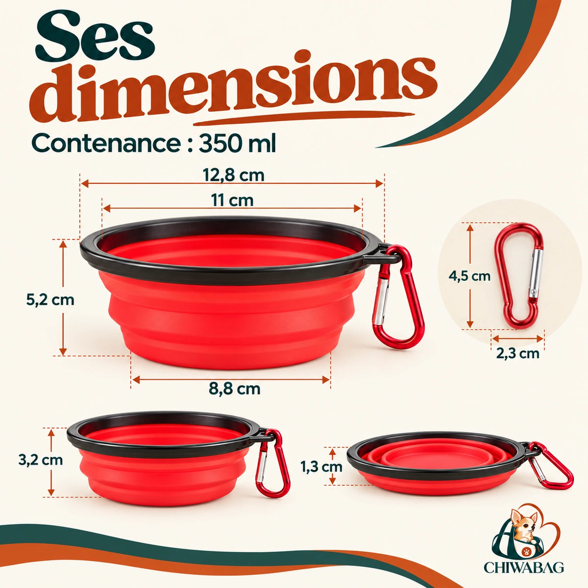 Dimensions confirmées de la gamelle pliable pour chien 350 ml