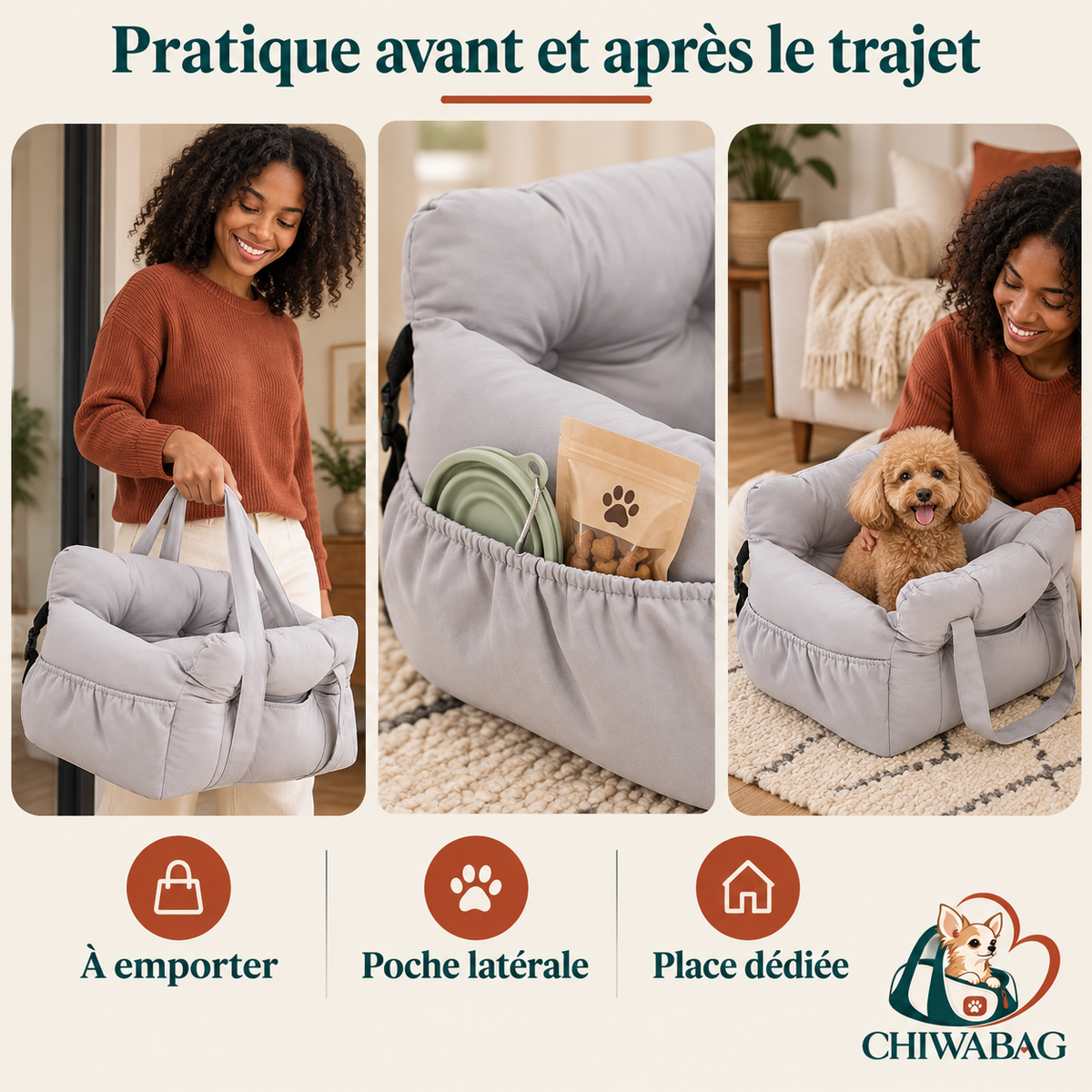 Détails pratiques du panier voiture pour chien gris