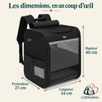 Dimensions du sac à dos pour chien avec fenêtres en maille : 34 × 27 × 40 cm