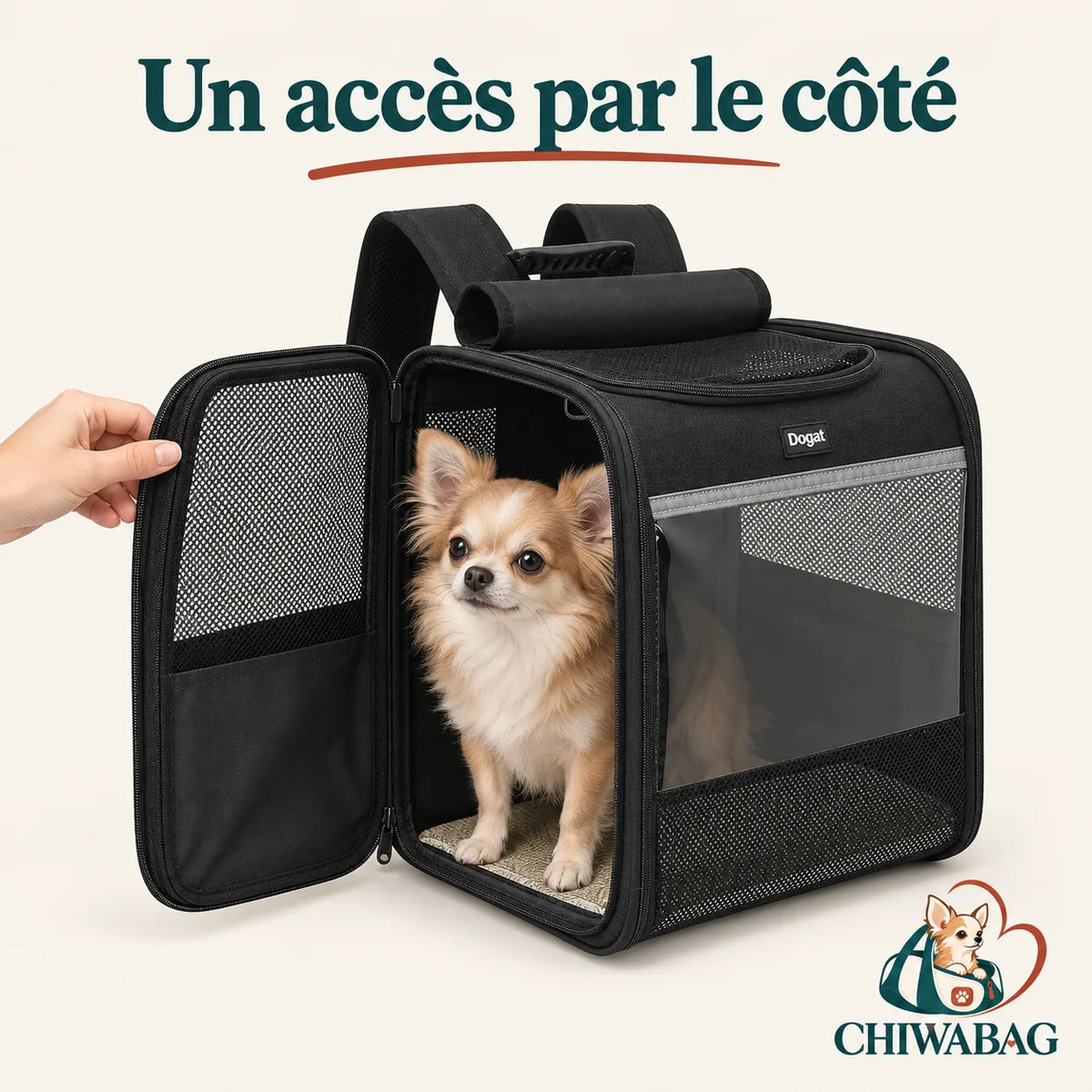 Ouverture latérale zippée du sac à dos pour chien avec fenêtres en maille