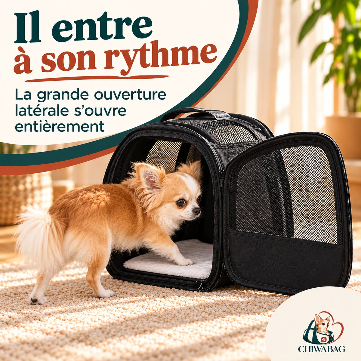 Petit chien entrant par la grande ouverture latérale du sac à dos CHIWABAG