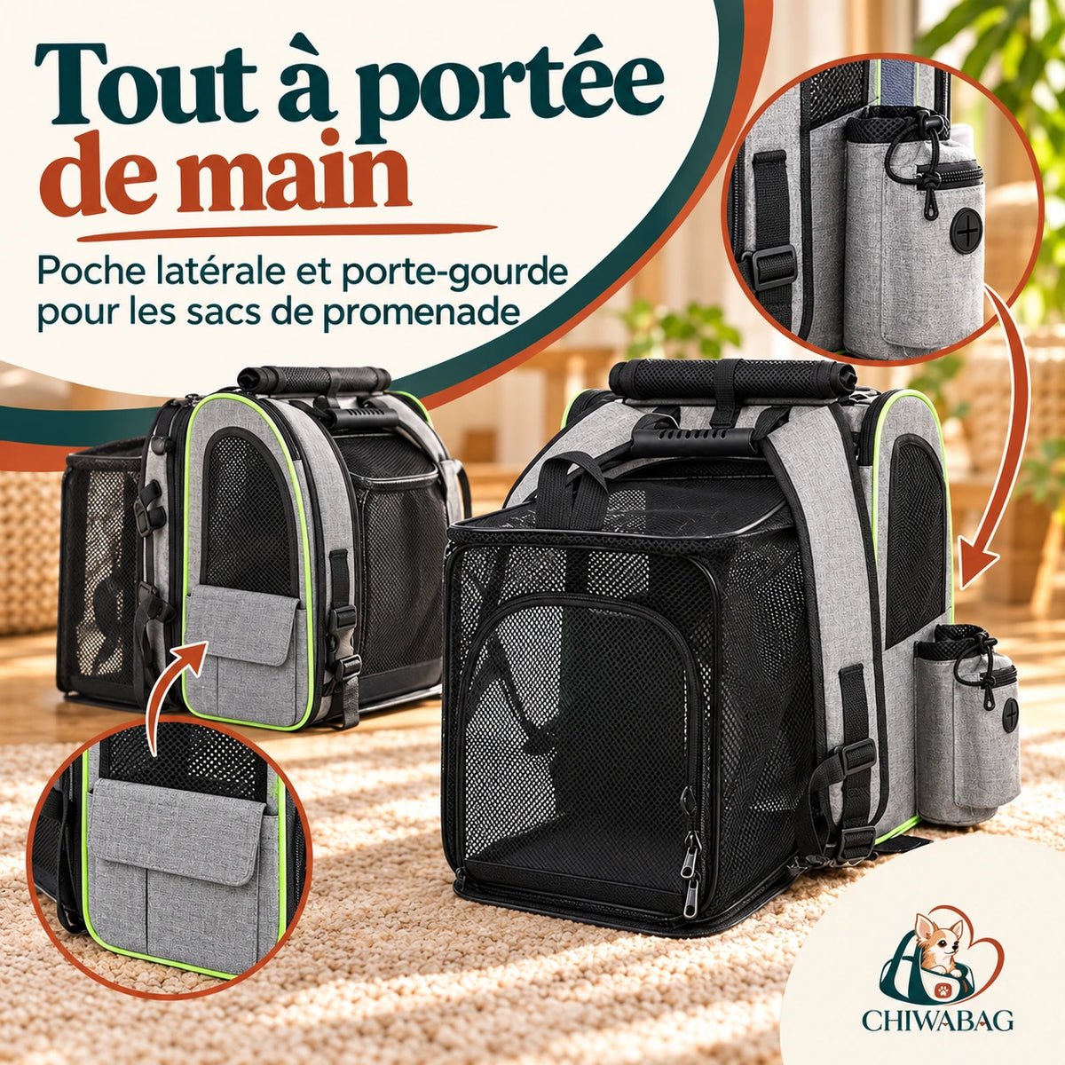 Deux côtés du sac à dos CHIWABAG avec poche zippée et porte-gourde