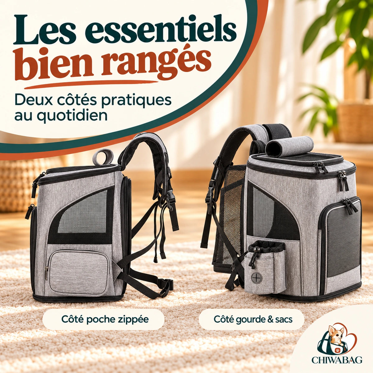 Deux côtés du sac à dos CHIWABAG avec poche zippée, gourde et sacs