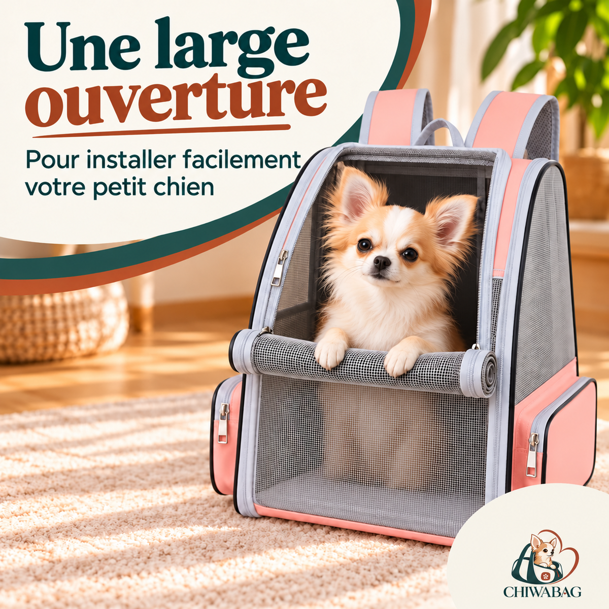 Un sac à dos de voyage pour petit chien, facile à ouvrir