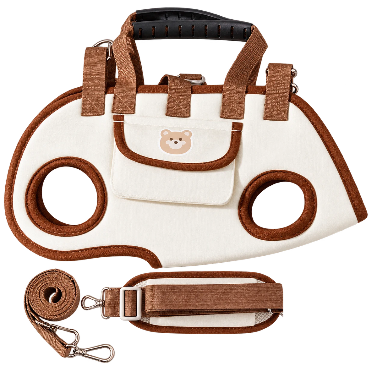 Porte-chien beige à ouvertures avec bandoulière sur fond transparent