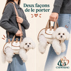 Porte-chien utilisé en bandoulière puis porté par ses poignées