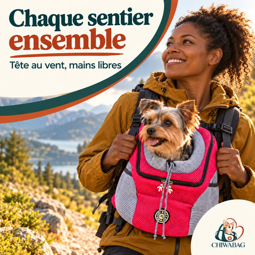 Femme en randonnée portant un petit Yorkshire dans le sac à dos CHIWABAG