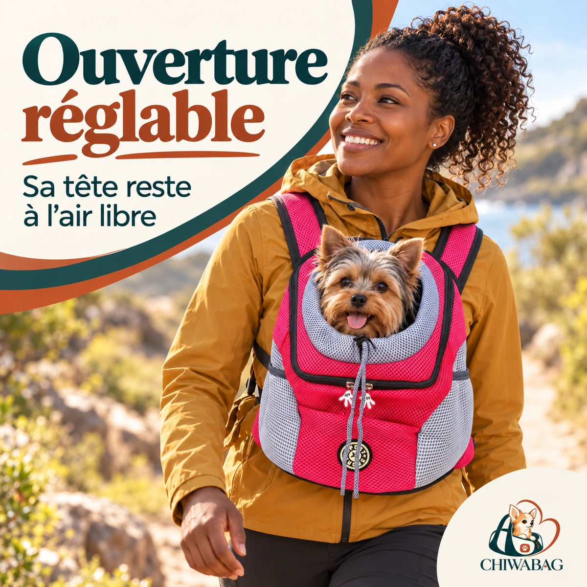 Ouverture réglable du sac à dos de randonnée CHIWABAG porté avec un Yorkshire