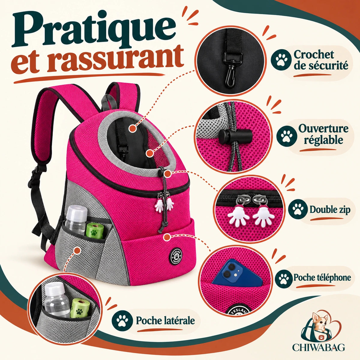 Détails pratiques du sac à dos CHIWABAG : crochet, double zip et poches