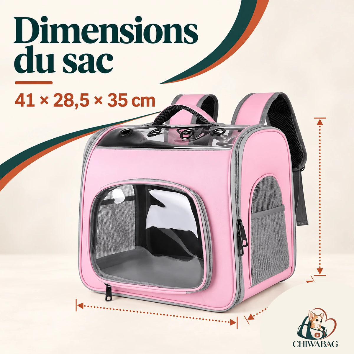 Dimensions du sac à dos de transport 2 en 1 CHIWABAG : 41 × 28,5 × 35 cm