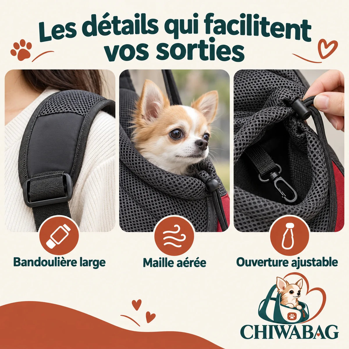 Détails pratiques du sac de transport pour chien à bandoulière