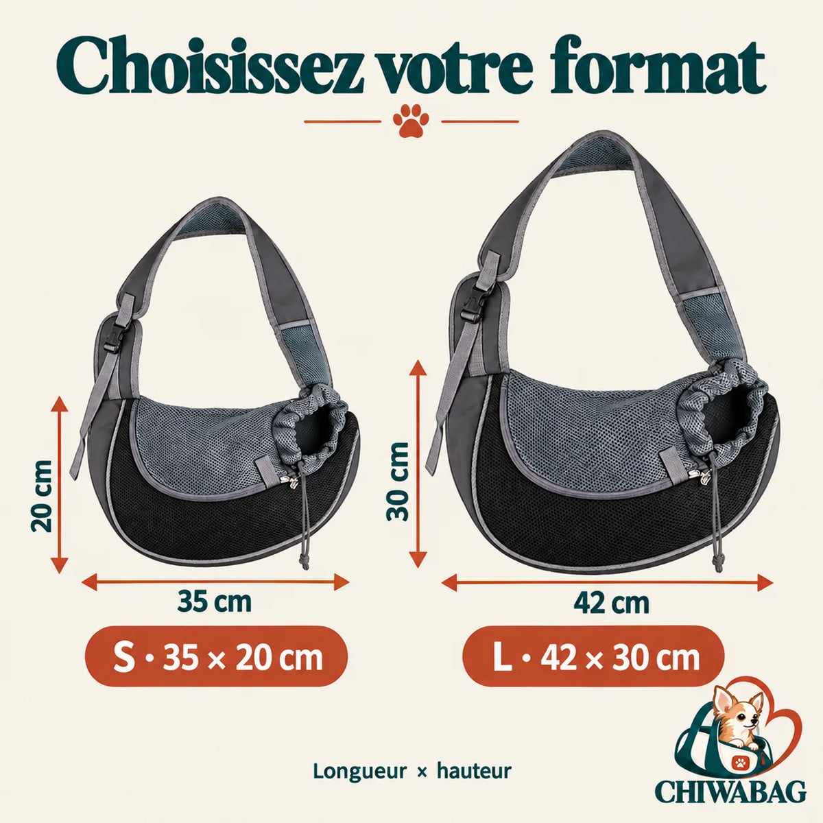 Dimensions du sac de transport pour chien à bandoulière