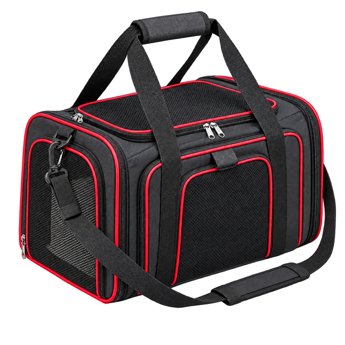 Sac de transport pliable pour chien noir à bordures rouges, sans logo