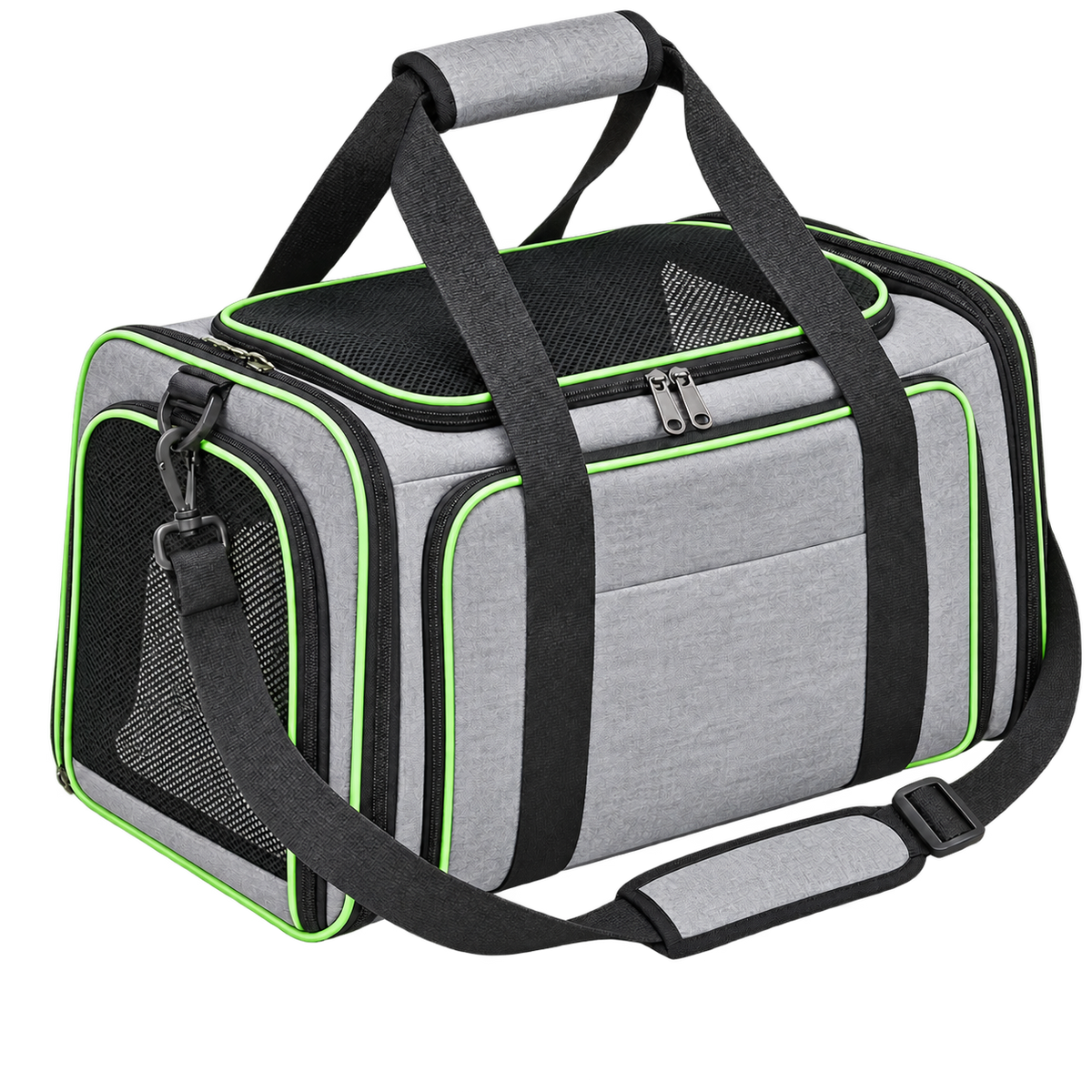 Sac de transport pliable pour chien gris à bordures vertes, sans logo