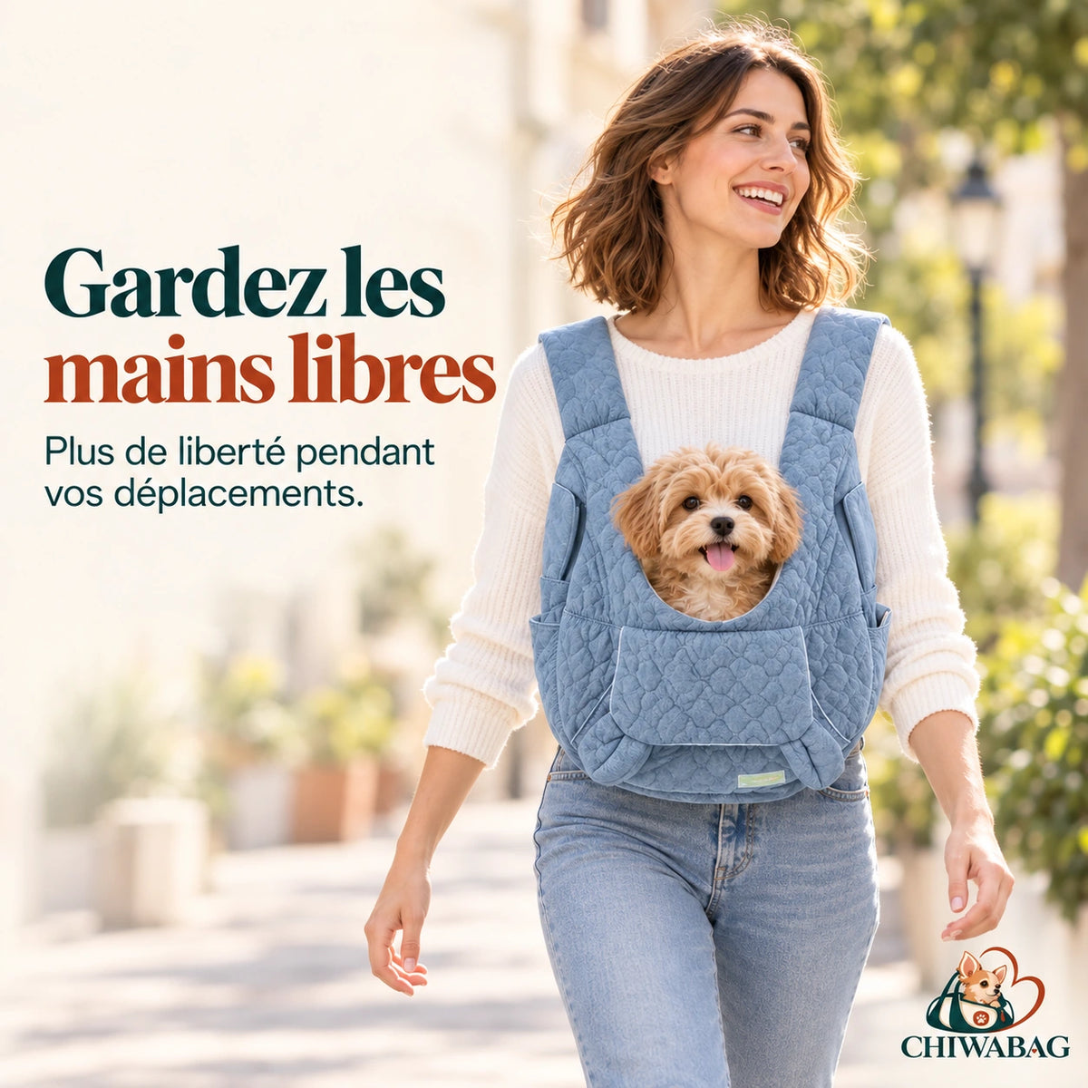Promenade mains libres avec le sac ventral CHIWABAG bleu