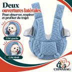 Sac ventral de portage pour petit chien avec une ouverture à rabat de chaque côté, le chien sort la tête à gauche ou à droite
