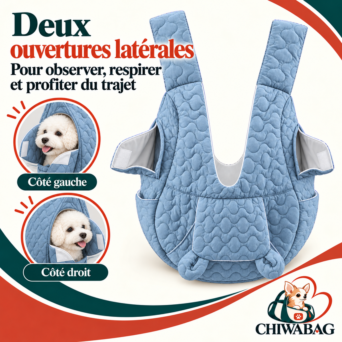 Sac ventral de portage pour petit chien avec une ouverture à rabat de chaque côté, le chien sort la tête à gauche ou à droite
