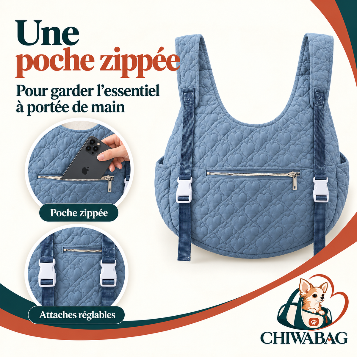 Poche zippée extérieure et attaches réglables du sac ventral de portage pour petit chien