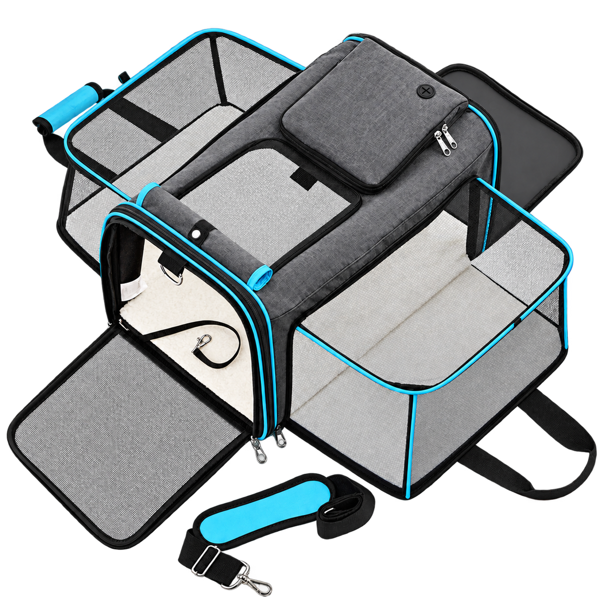 Sac de transport extensible aux finitions bleues sur fond transparent