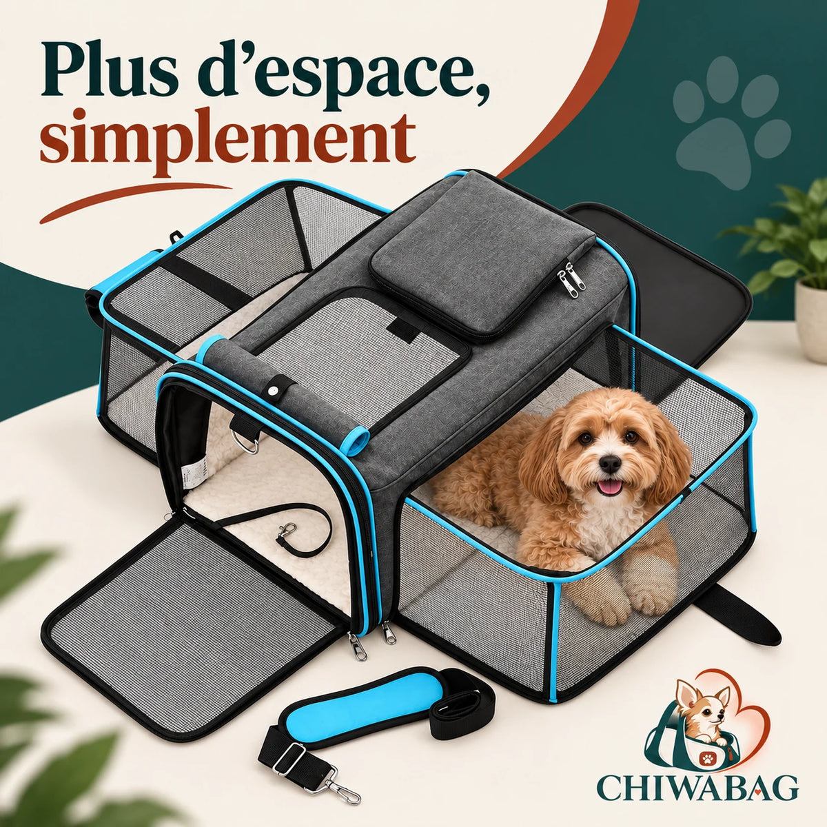 Petit chien installé dans un côté ouvert du sac de transport extensible