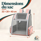 Sac à dos rose pour petit chien avec dimensions indiquées de 32 × 28 × 40 cm