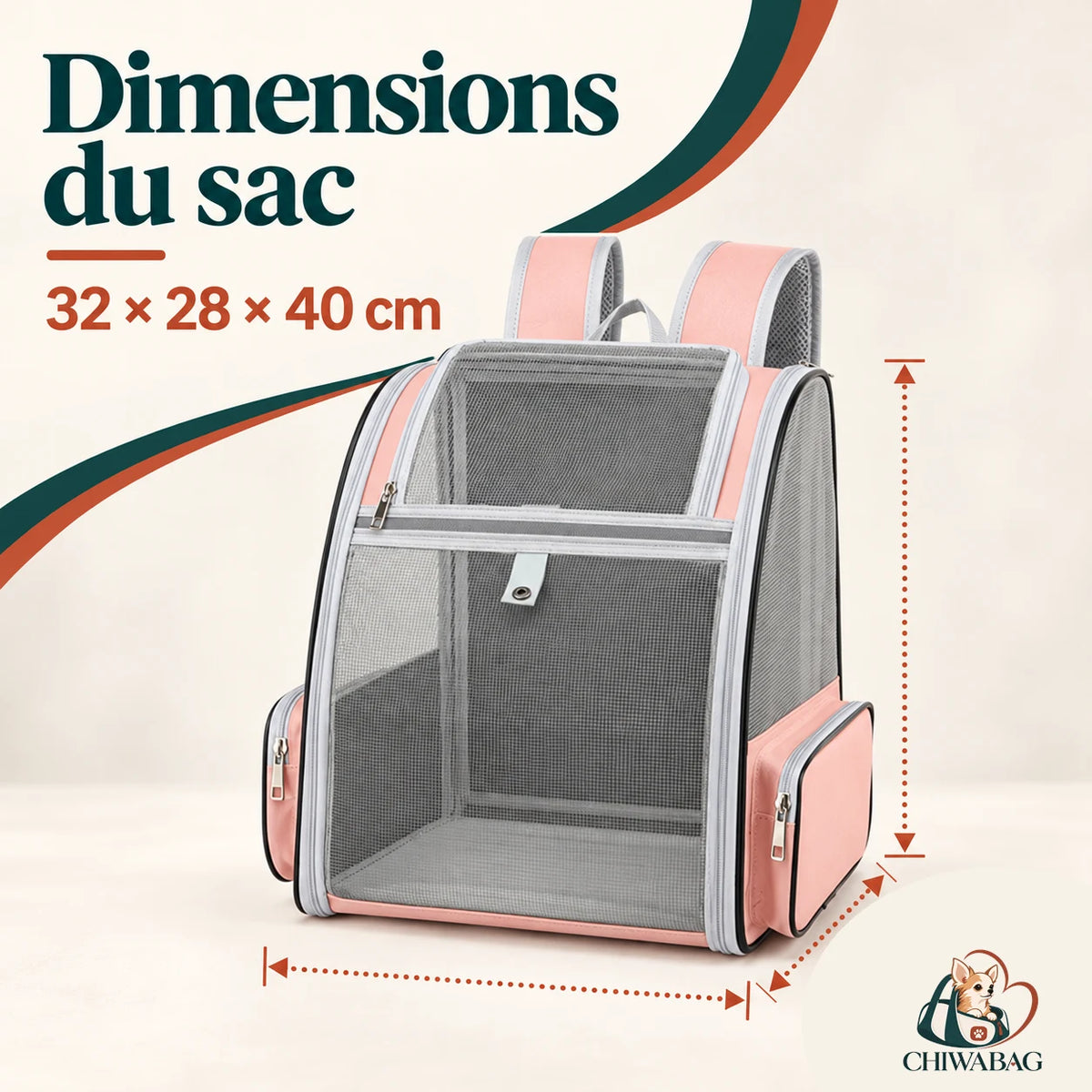 Sac à dos rose pour petit chien avec dimensions indiquées de 32 × 28 × 40 cm