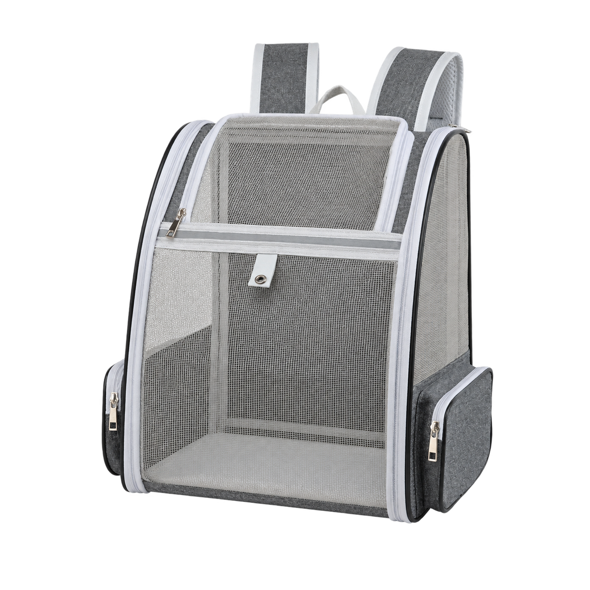 Sac à dos de voyage gris pour petit chien en maille respirante, vue produit sur fond transparent