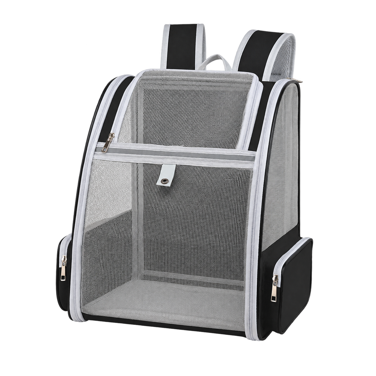 Sac à dos de voyage noir pour petit chien en maille respirante, vue produit sur fond transparent