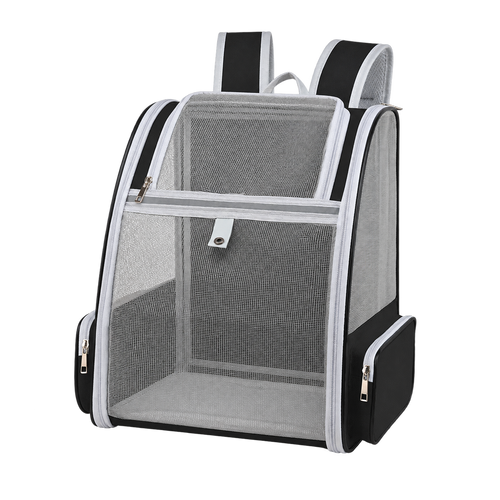 Sac à dos de voyage noir pour petit chien en maille respirante, vue produit sur fond transparent