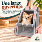 Chihuahua installé dans un sac à dos rose en maille avec façade avant enroulée horizontalement