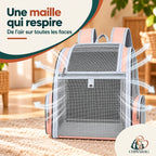 Sac à dos rose en maille avec flèches illustrant la circulation de l’air sur toutes les faces