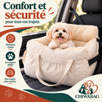 Petit chien installé confortablement dans le siège auto CHIWABAG beige doux en voiture