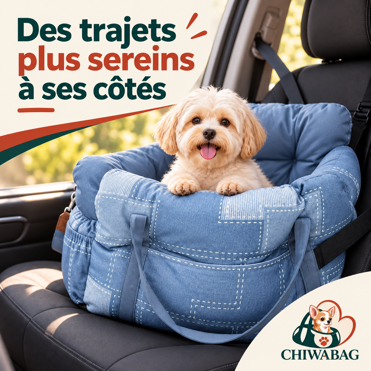 Petit chien confortablement installé aux côtés du conducteur dans le siège auto CHIWABAG bleu jean
