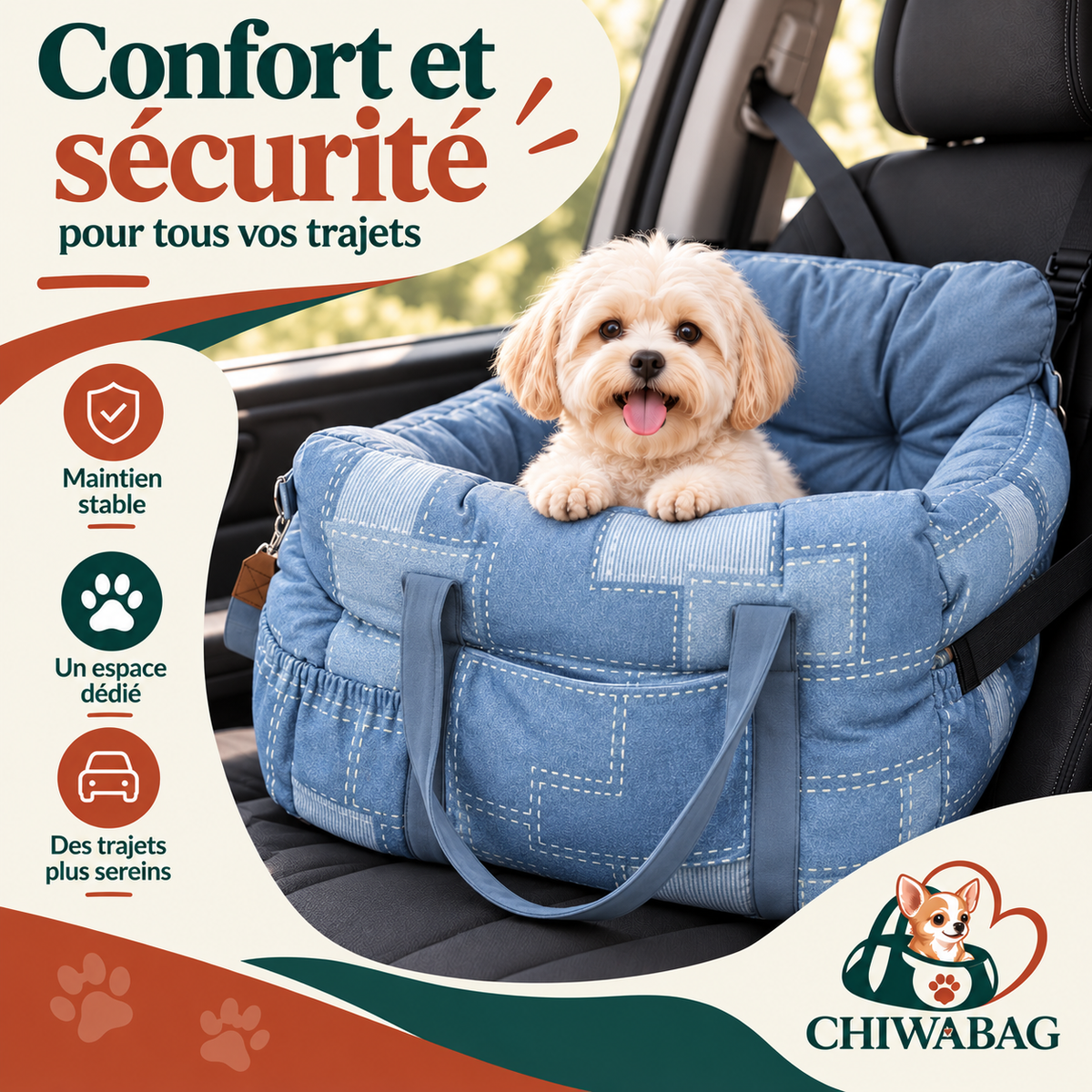 Petit chien installé confortablement dans le siège auto CHIWABAG bleu jean en voiture