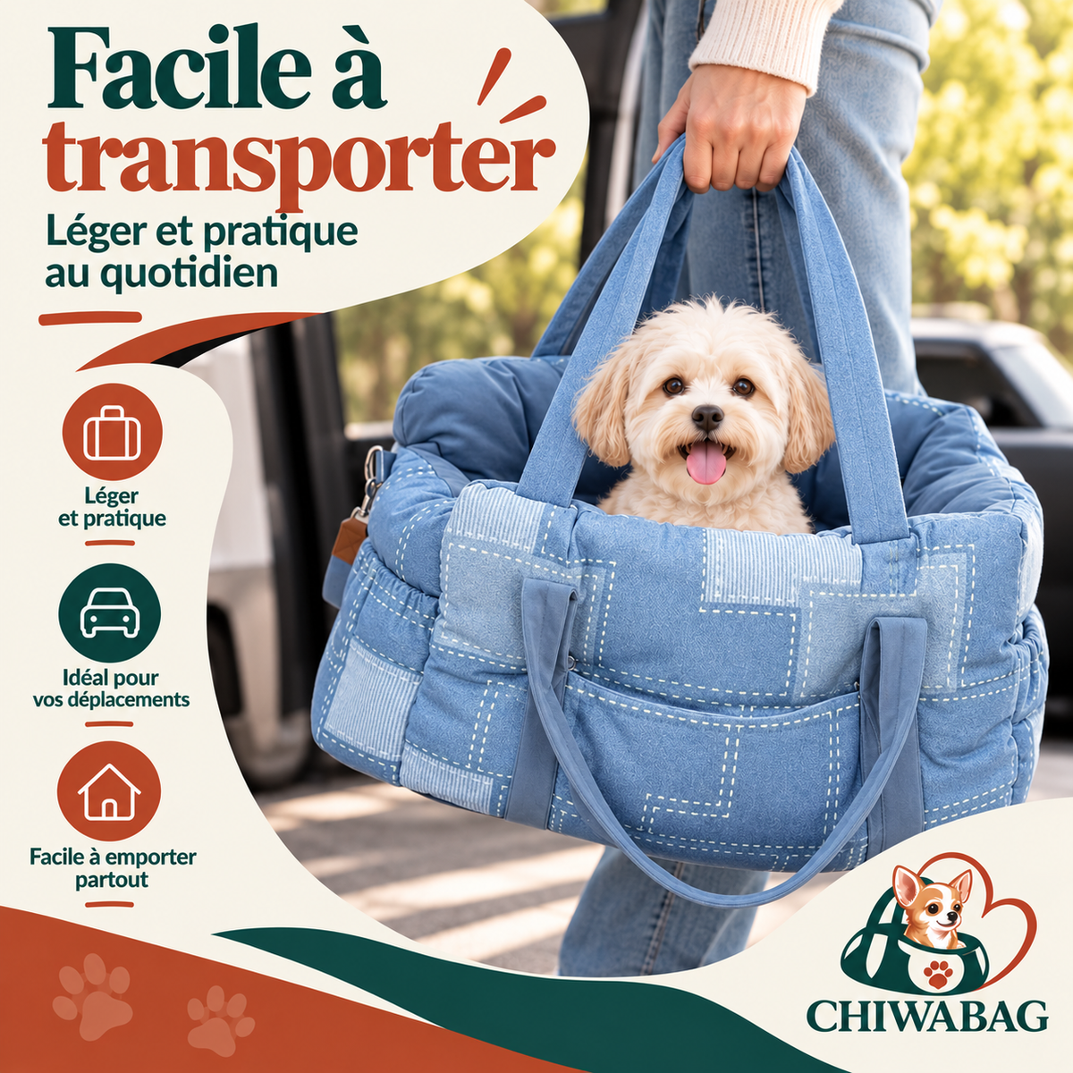 Petit chien porté grâce à la poignée du siège auto CHIWABAG bleu jean, facile à transporter