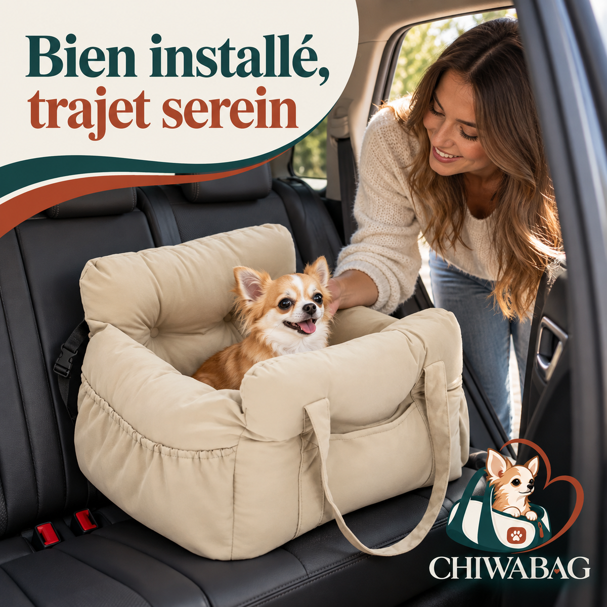 Siège auto CHIWABAG jaune clair installé sur la banquette arrière