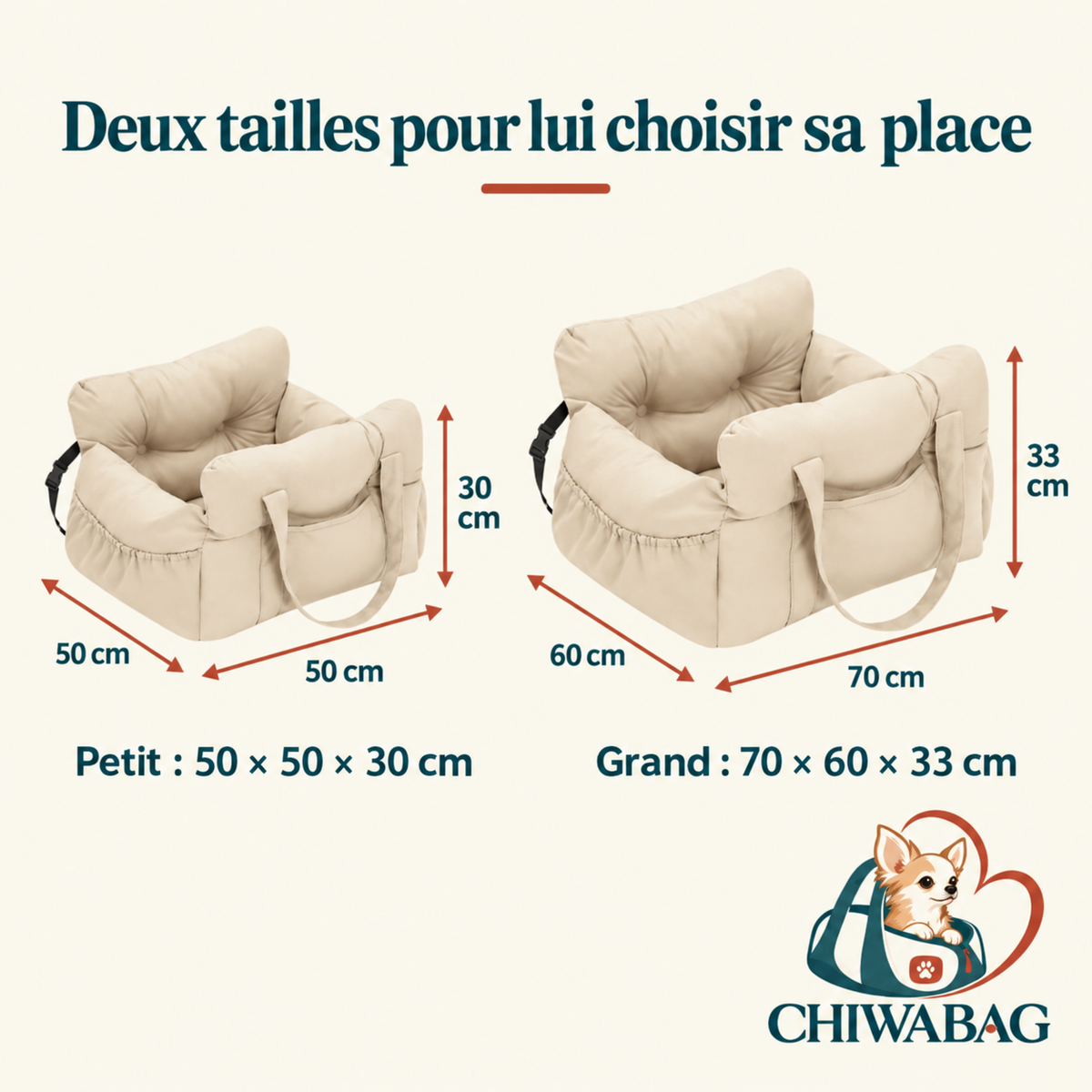 Dimensions du siège auto pour chien jaune clair : Petit 50 × 50 × 30 cm et Grand 70 × 60 × 33 cm