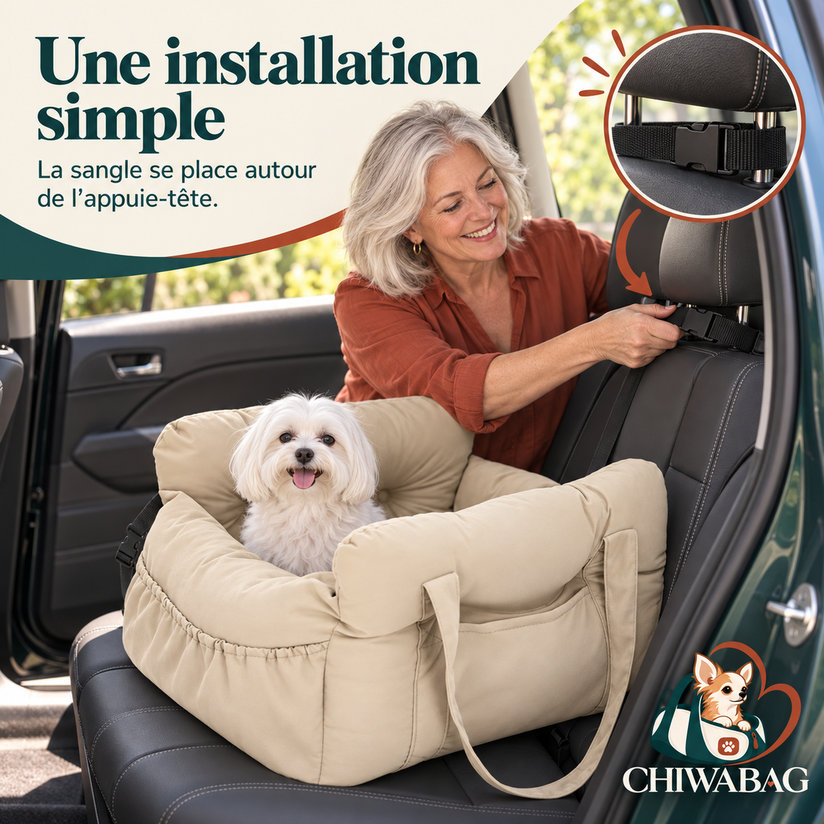 Installation du siège auto CHIWABAG avec un bichon