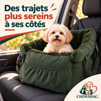 Petit chien confortablement installé aux côtés du conducteur dans le siège auto CHIWABAG kaki