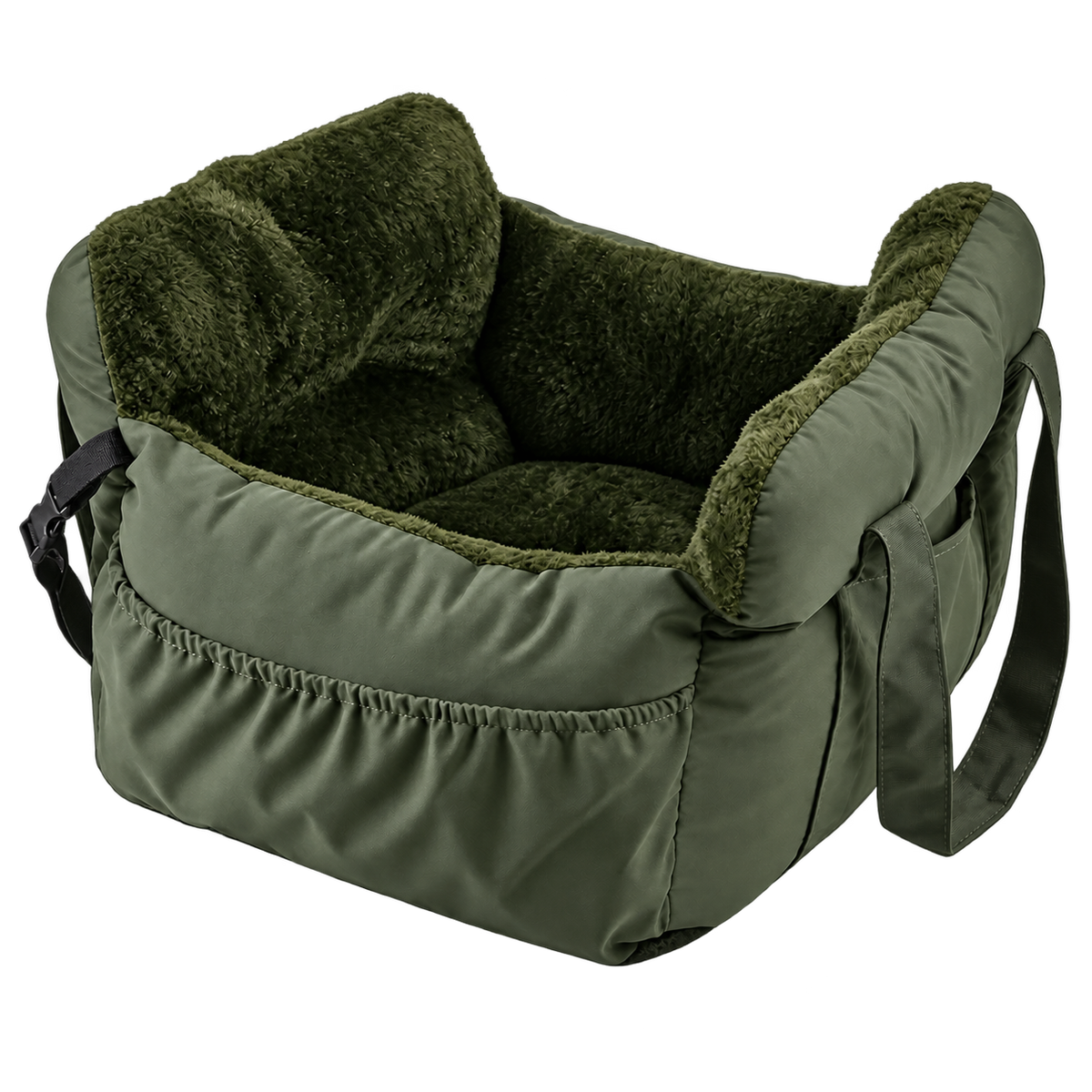 Siège auto kaki avec intérieur peluche pour petit chien