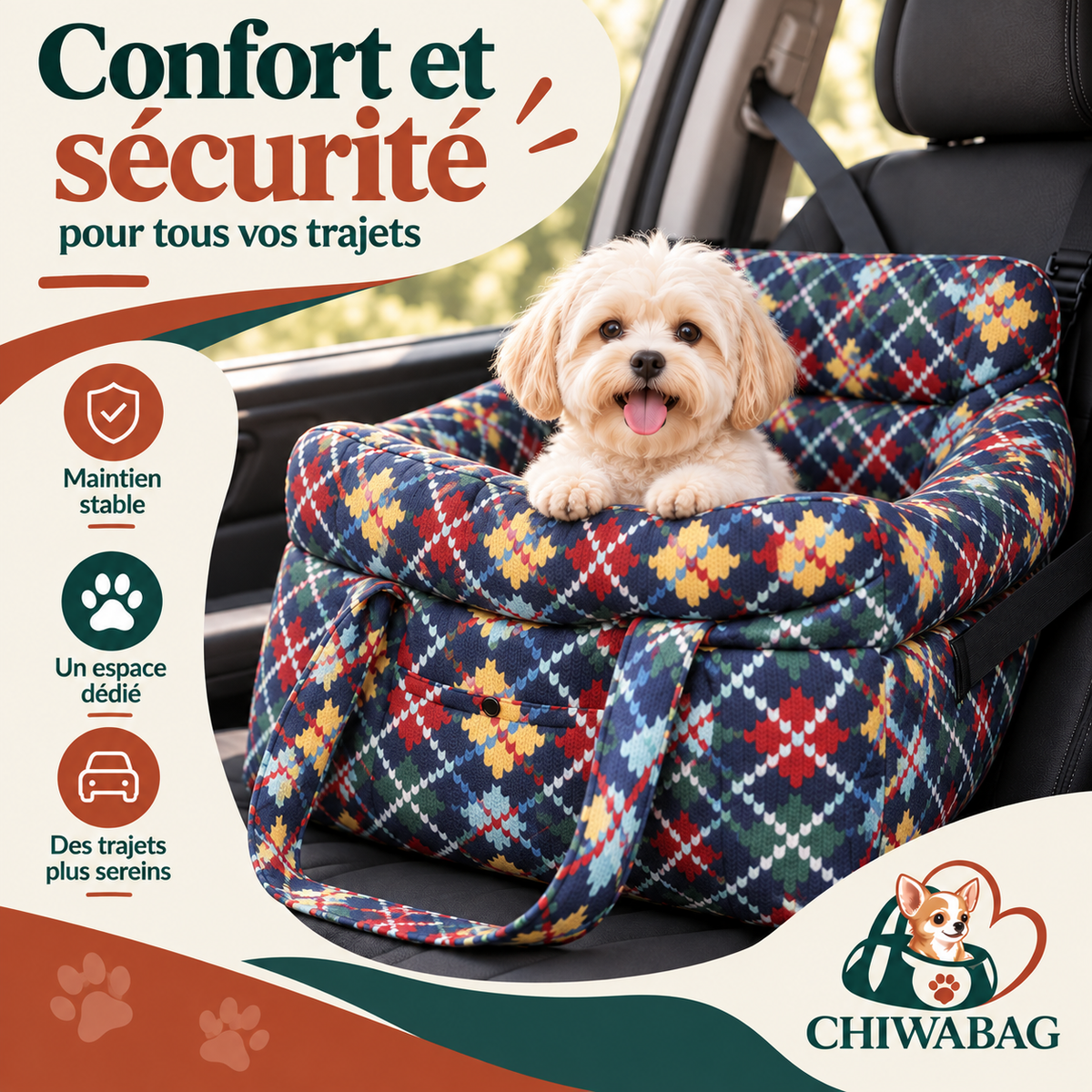 Petit chien installé confortablement dans le siège auto CHIWABAG coloré en voiture