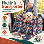 Petit chien porté grâce à la poignée du siège auto CHIWABAG coloré, facile à transporter