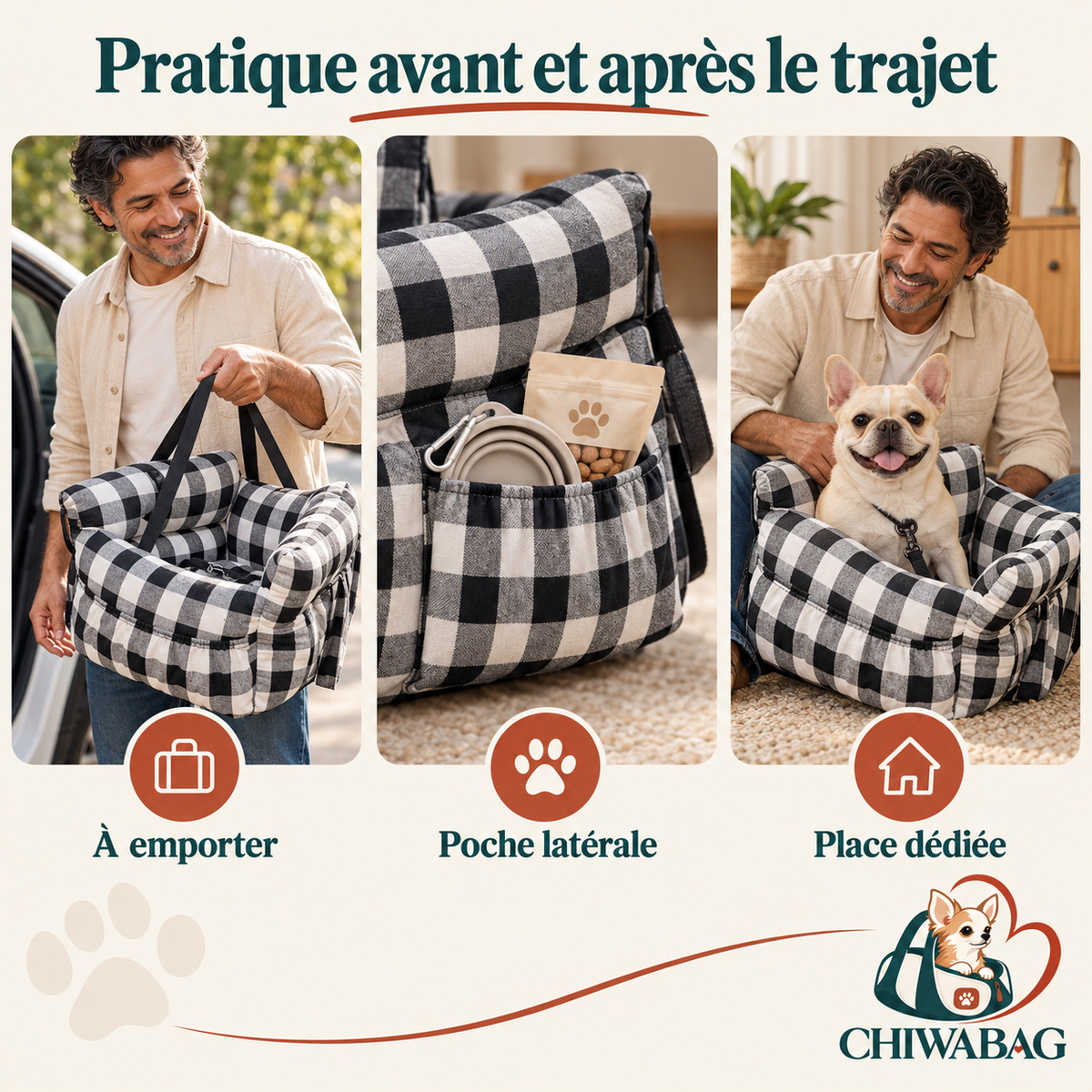Détails pratiques du siège auto pour chien noir et blanc