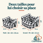 Dimensions du siège auto pour chien noir et blanc : Petit 50 × 50 × 30 cm et Grand 70 × 60 × 33 cm