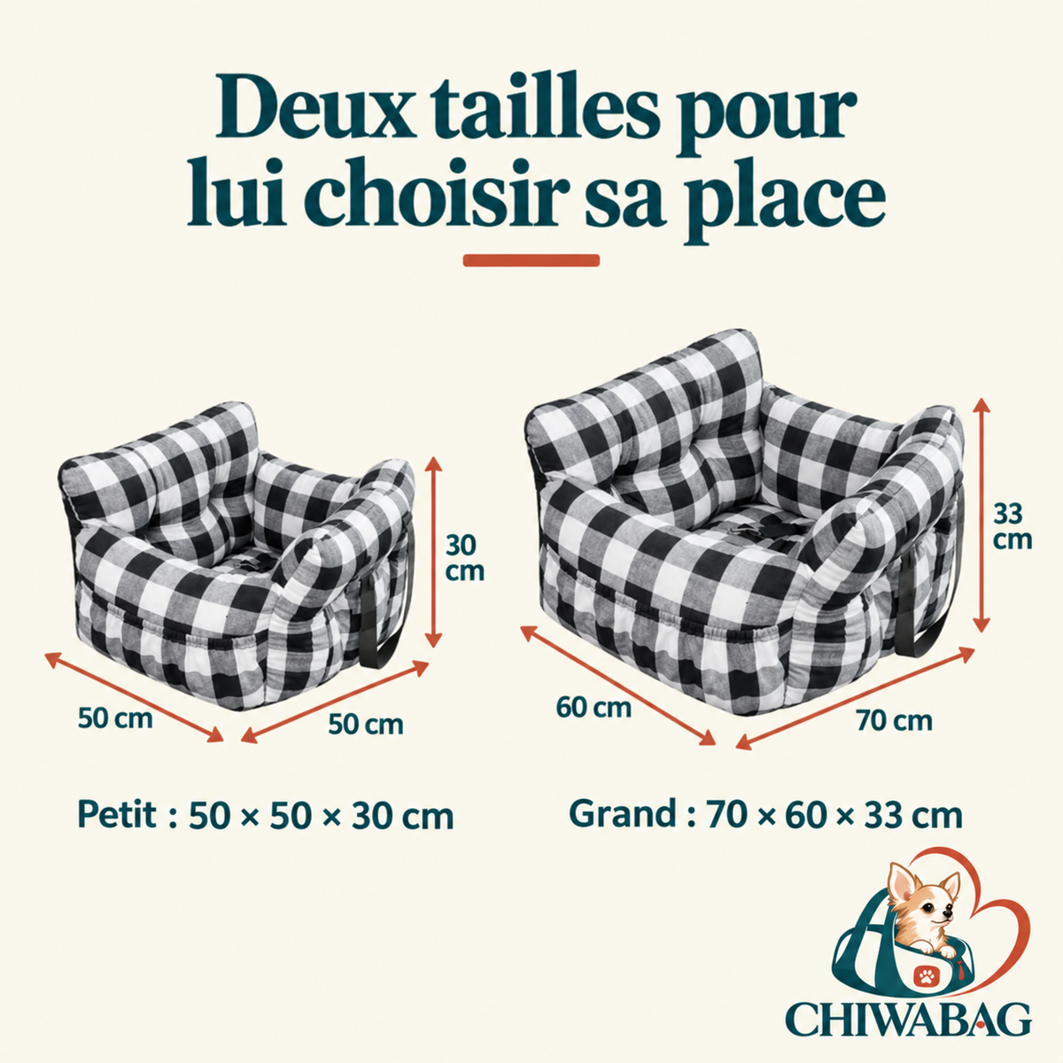 Dimensions du siège auto pour chien noir et blanc : Petit 50 × 50 × 30 cm et Grand 70 × 60 × 33 cm